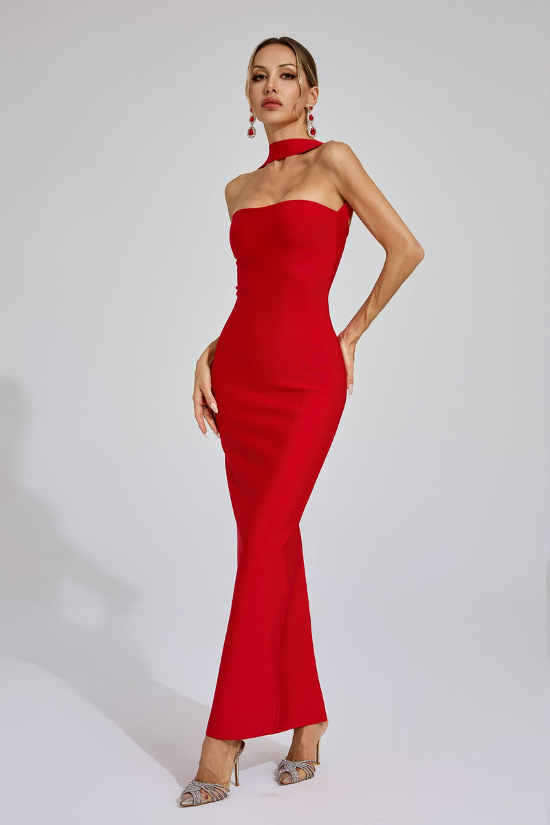 Karen Cutout Halter Backless Maxi Dress In Red