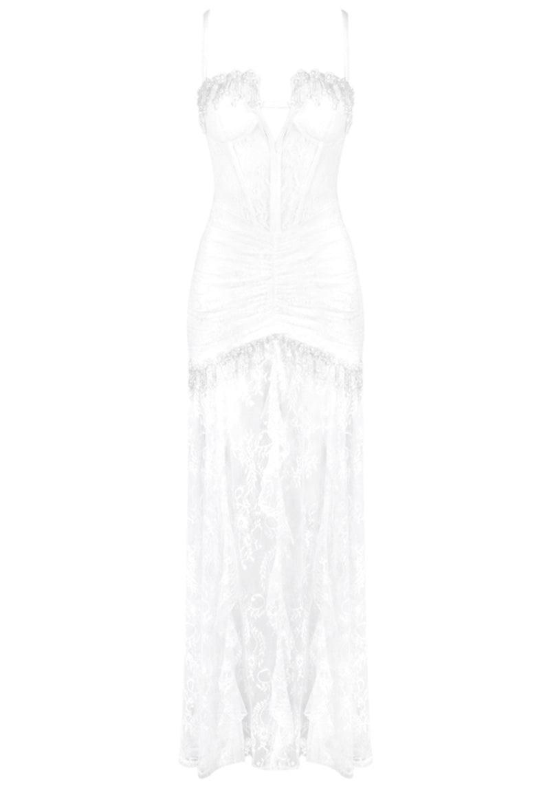Jexara Lace Ruched Corset Maxi Dress In White