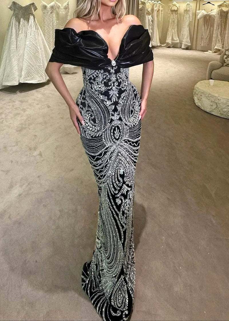 Kivin Draped Bardot Sequin Maxi Dress In Black