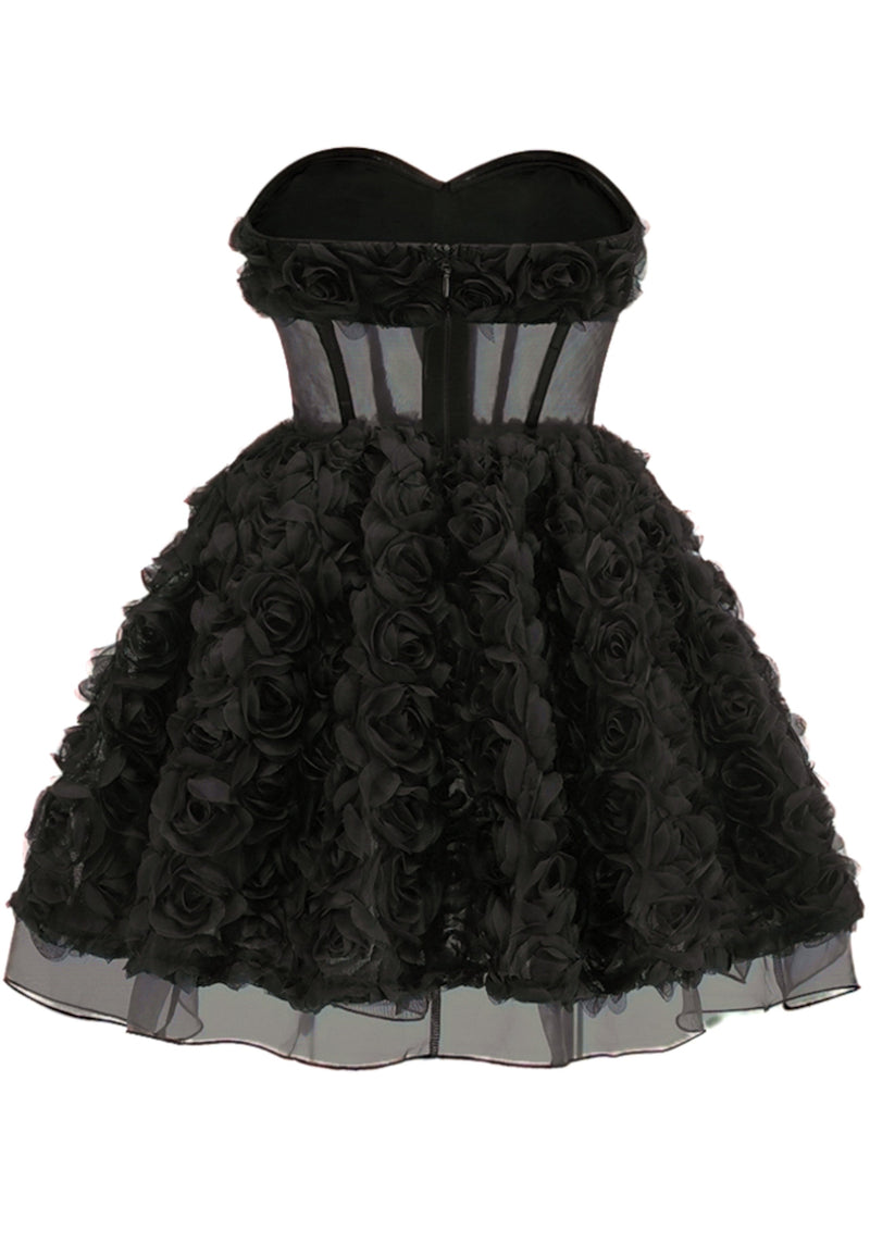 Osorio Strapless 3D Floral A Line Mini Dress In Black
