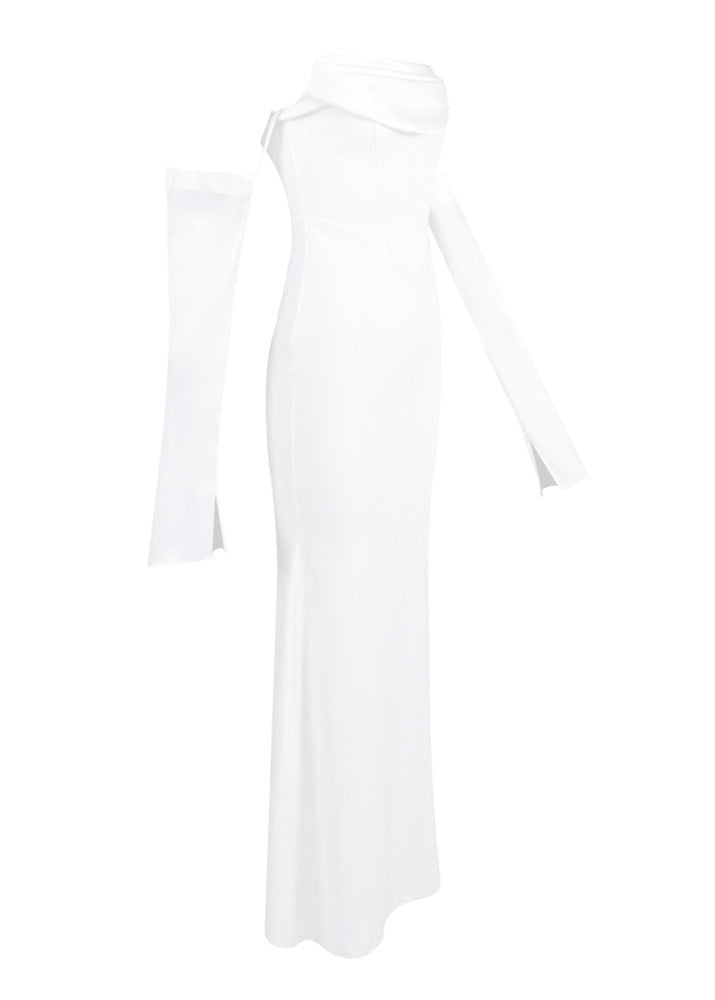 Radka Long Sleeve Strapless Draped Maxi Dress In White
