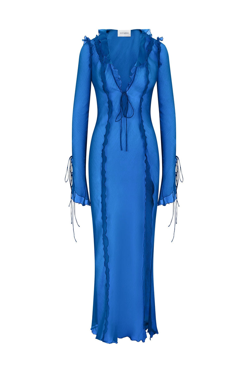Fuffy Long Sleeve Mesh Split Maxi Dress In Blue