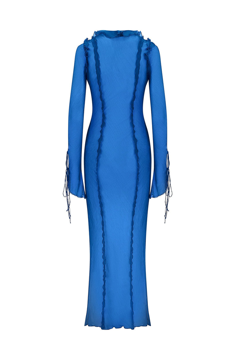 Fuffy Long Sleeve Mesh Split Maxi Dress In Blue