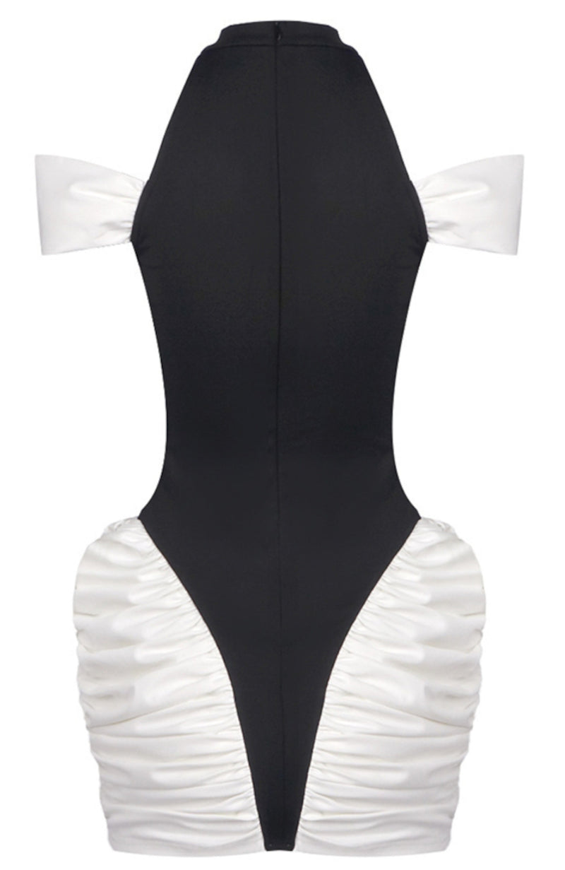 Haeris Cold Shoulder Ruched Mini Dress In Black White