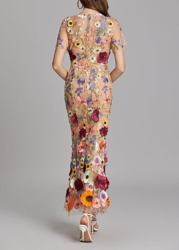 Chesley Floral Embroidery Mesh Fishtail Midi Dress In Brown