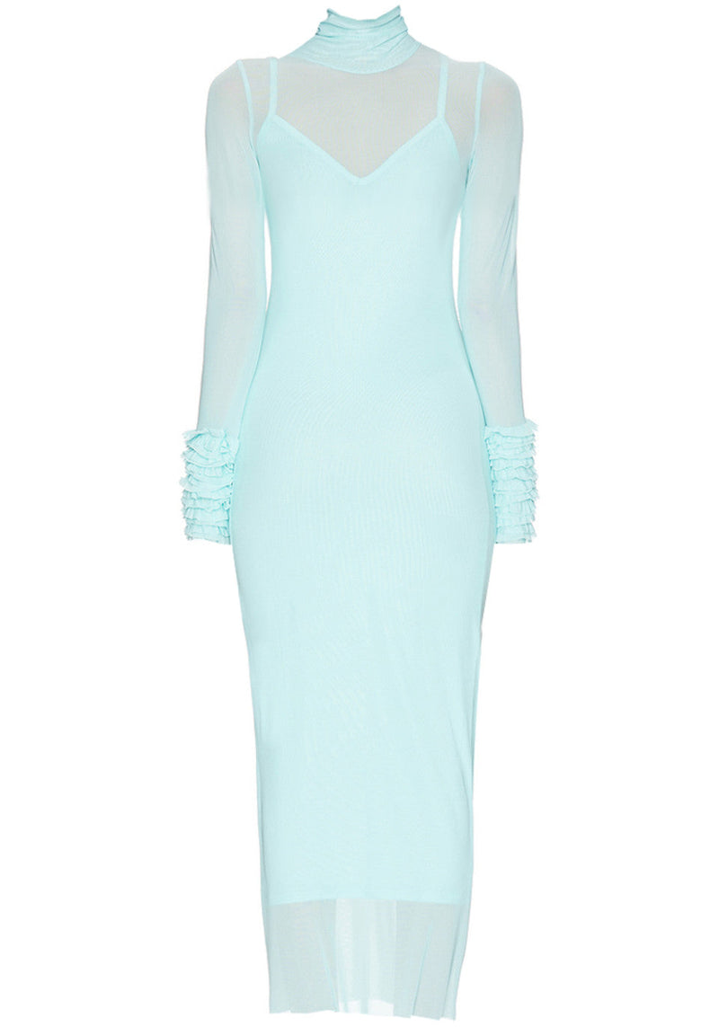 Avaldric Ruffle Long Sleeve Mesh Maxi Dress In Turquoise
