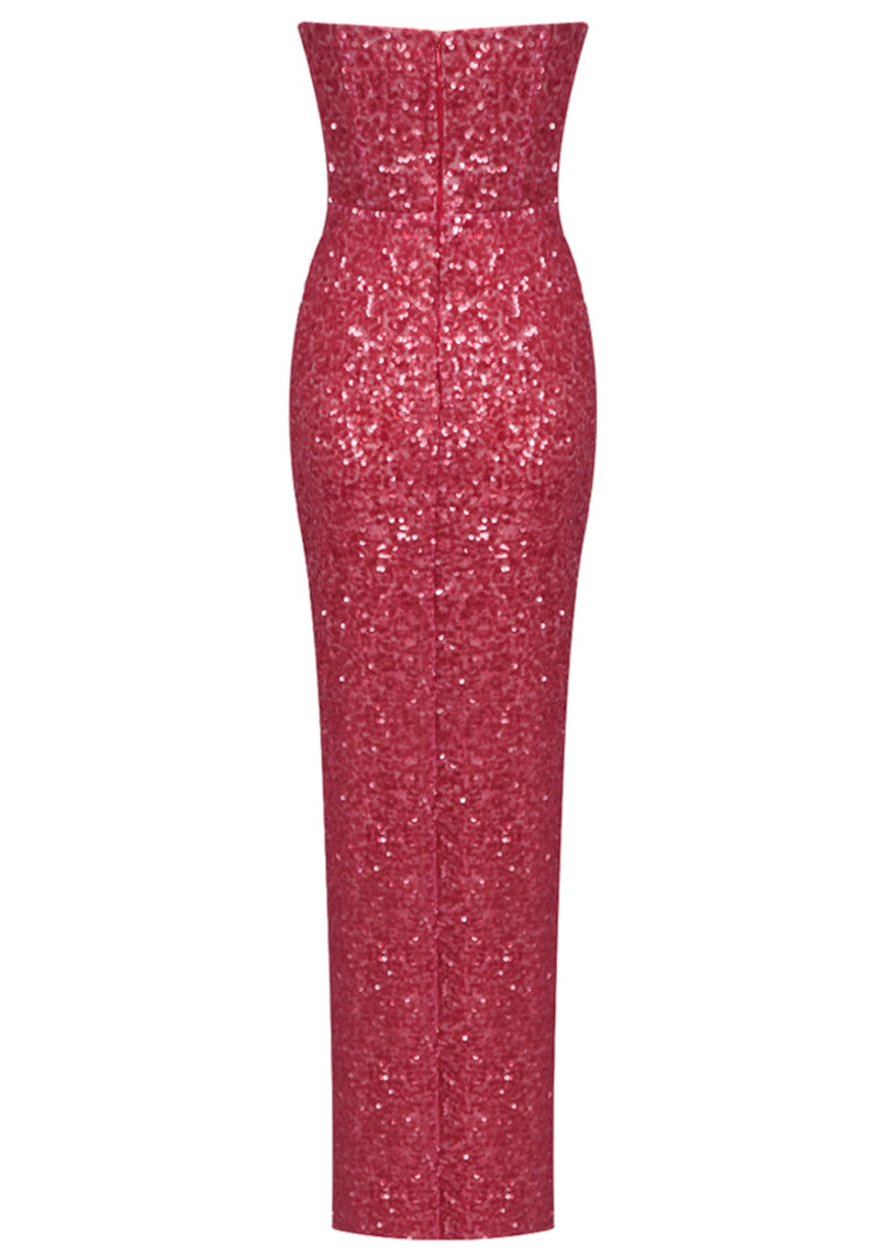 Azhor Strapless Crystal Sequin Maxi Dress In Watermelon