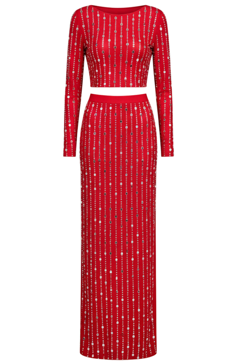 Relara Long Sleeve Crystal Maxi Two Piece Dress In Red