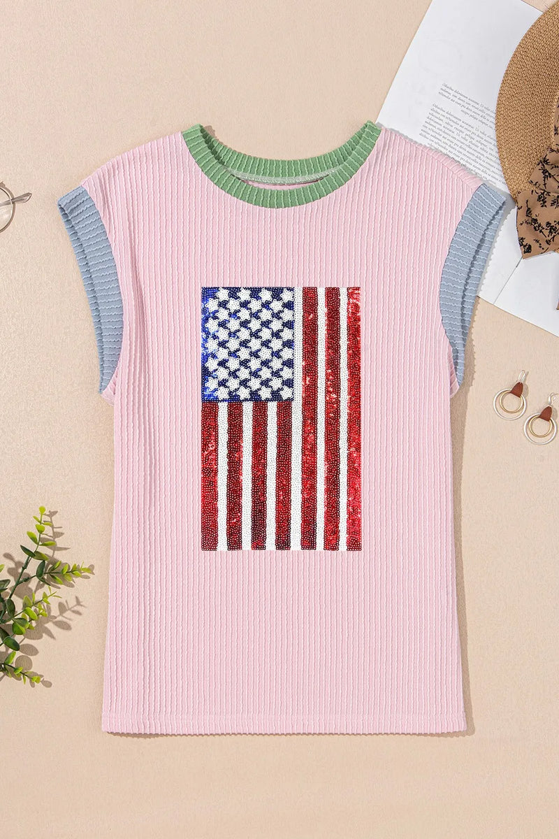 Colorblock Edge Twisted Rib Texture Sequin American Flag Casual T Shirt