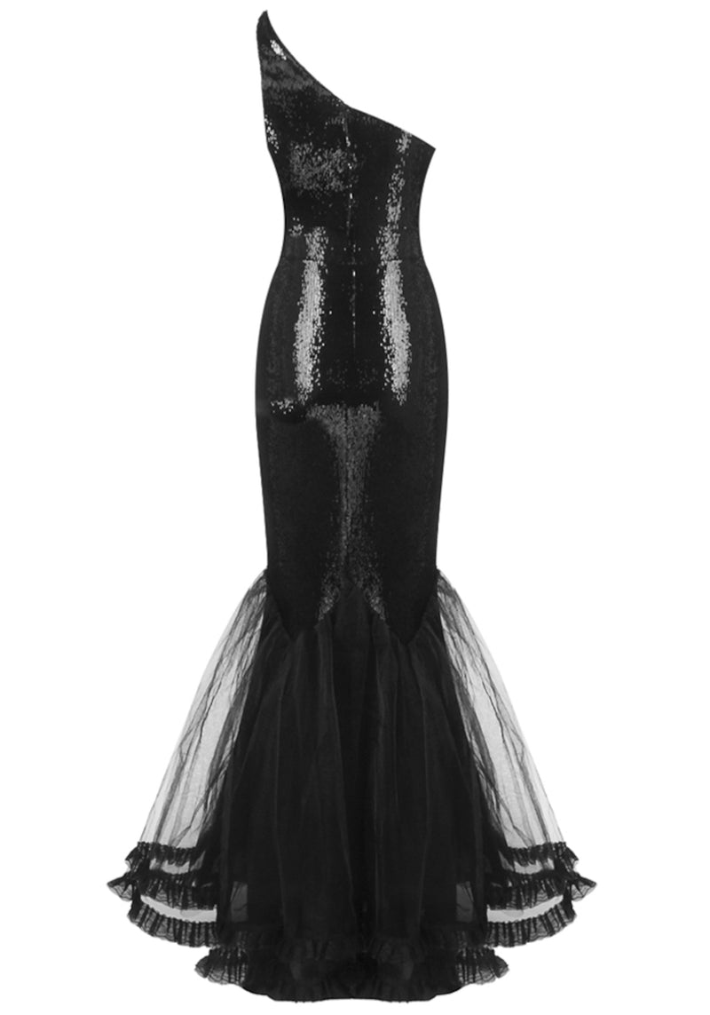 Kirstee One Shoulder Floral Sequin Mermaid Maxi Dress In Black