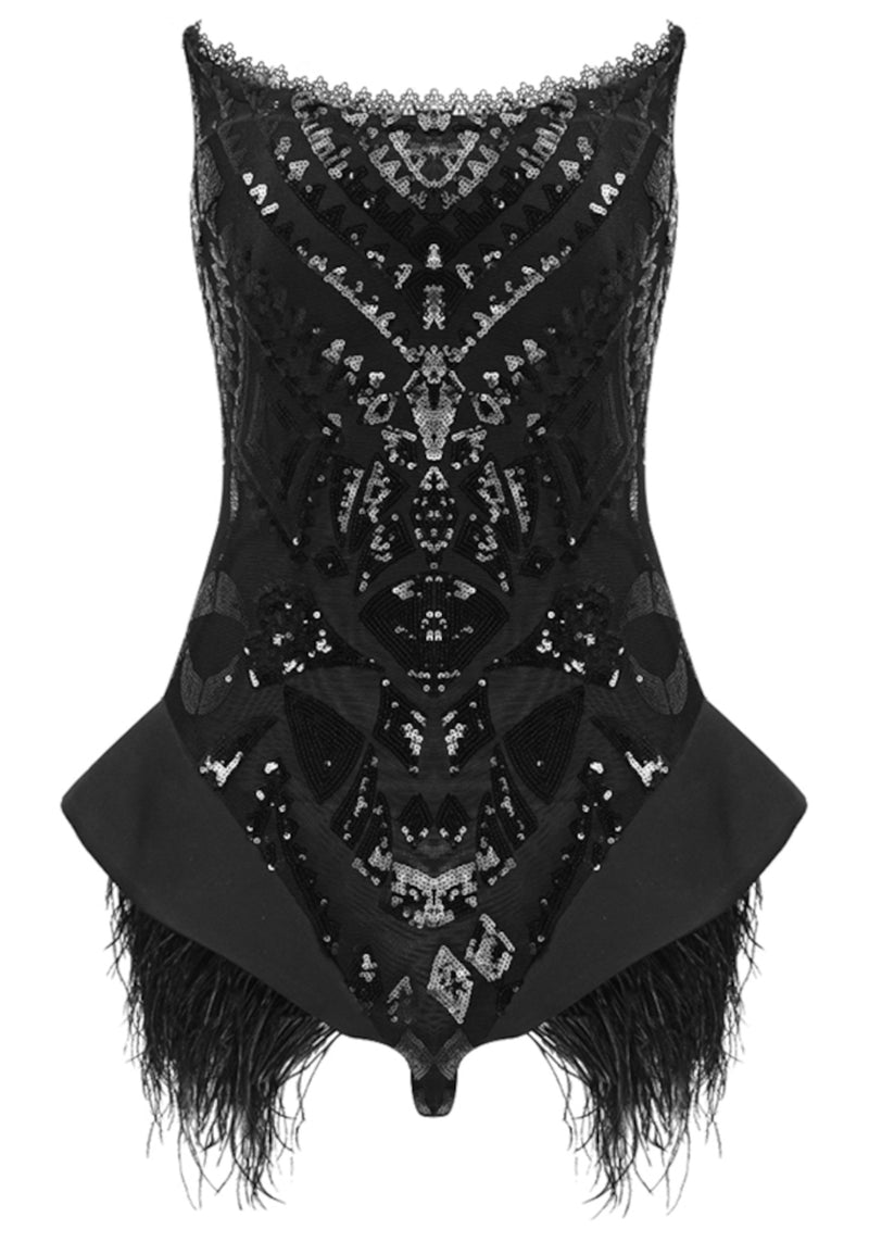 Colter Strapless Sequin Feather Bodysuit In Black