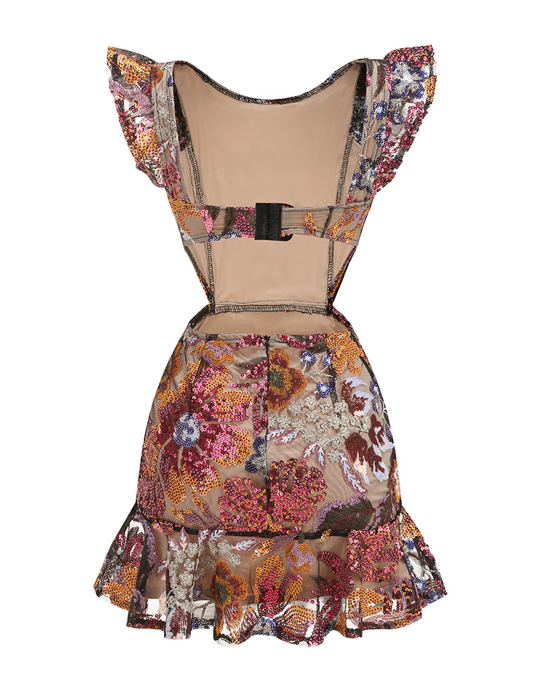 Slare Ruffle Floral Sequin Embroidered Mini Dress