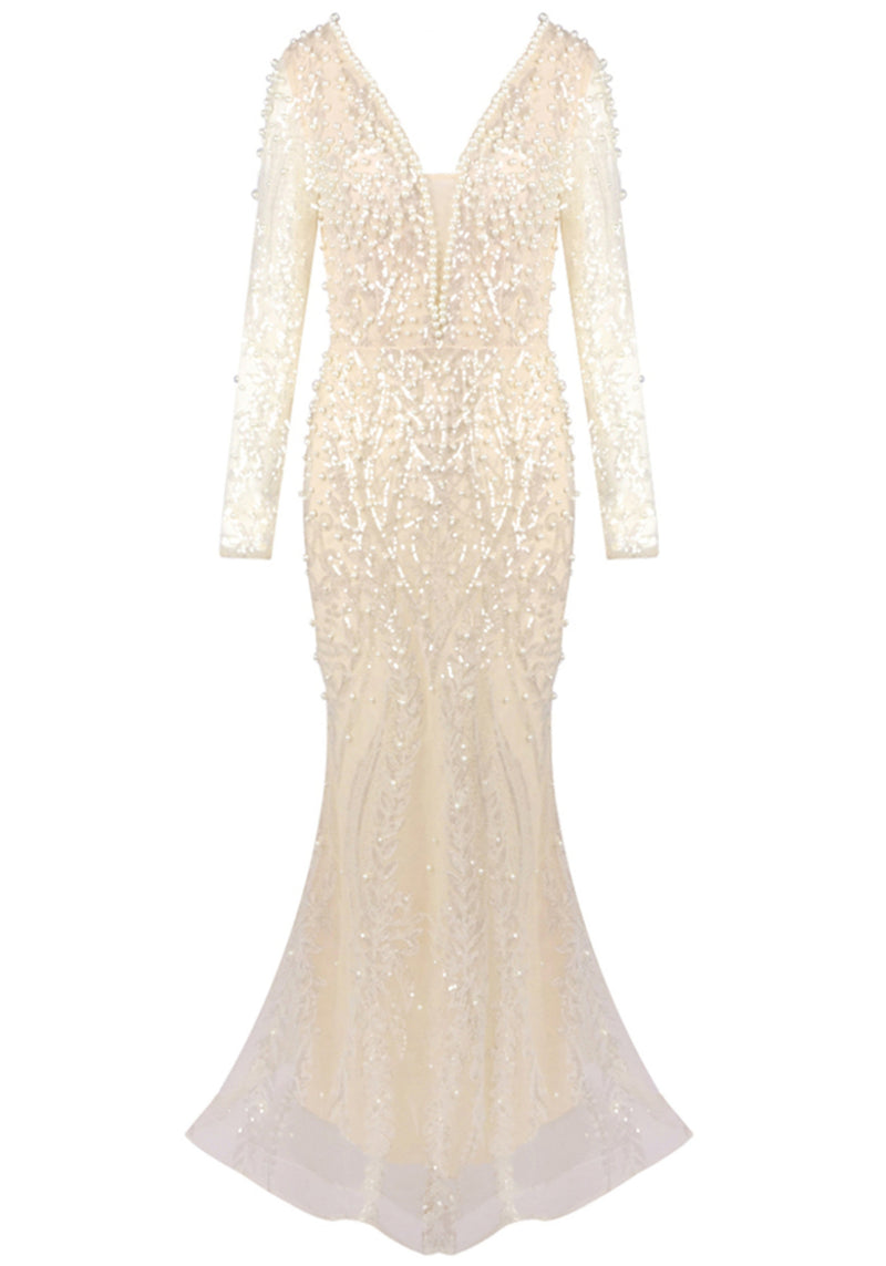 Hyrthos Long Sleeve Pearl Sequin Maxi Dress In Ivory