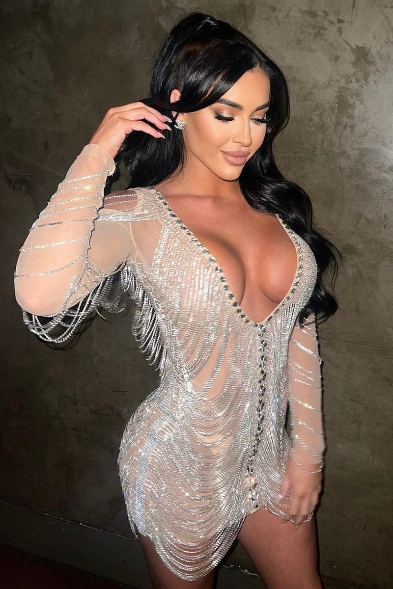 Insley Plunge Mesh Tassel Mini Dress