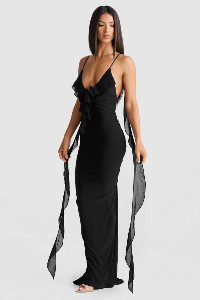 Pietro V-Neck Backless Maxi Dress In Black