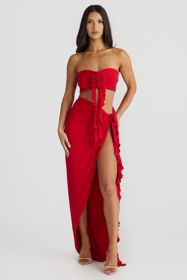 Jamila Strapless Floral Pleated Maxi Dress In Red