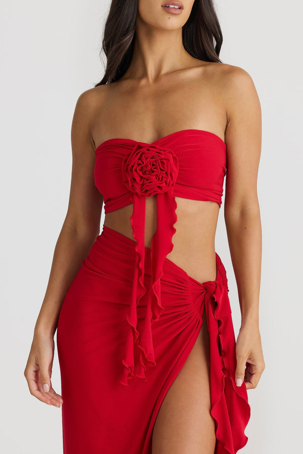 Jamila Strapless Floral Pleated Maxi Dress In Red