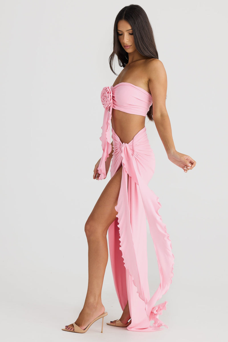 Jamila Strapless Floral Pleated Maxi Dress In Pink