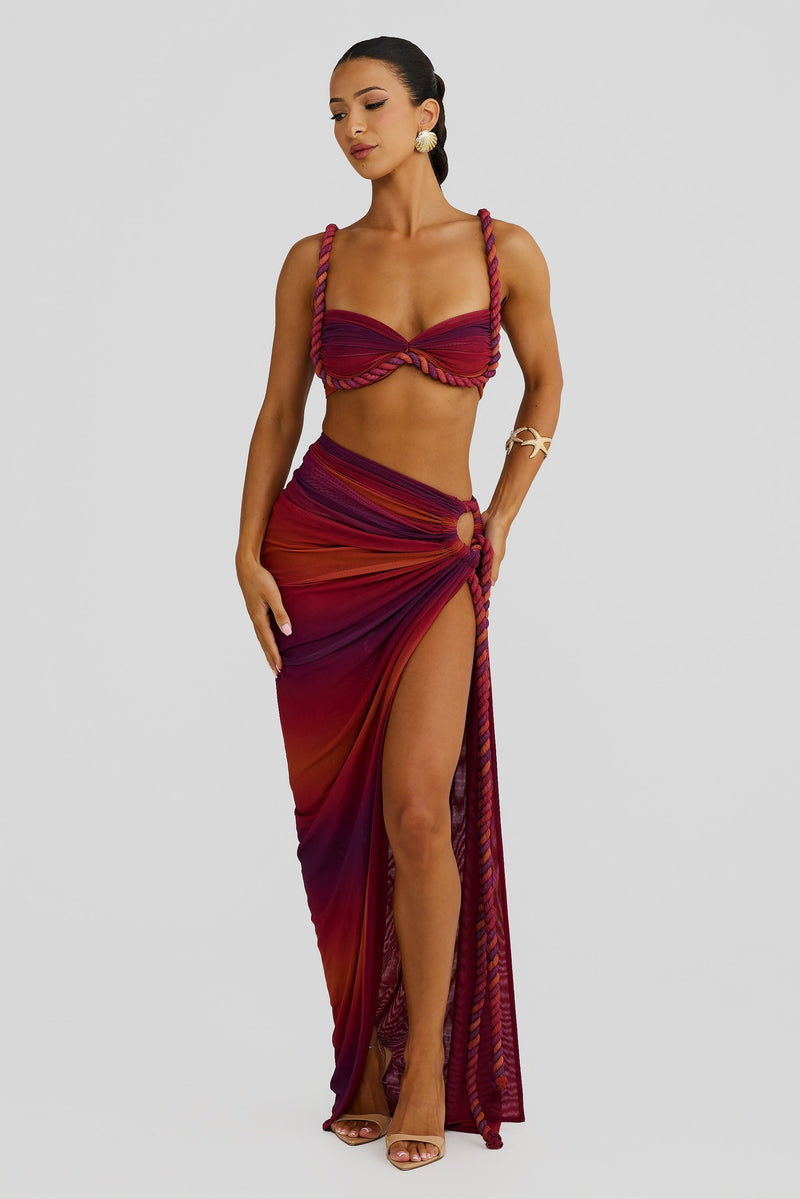 Marella Swimsuit Braided Suspender Top Slit Skirt Set In Wine Red