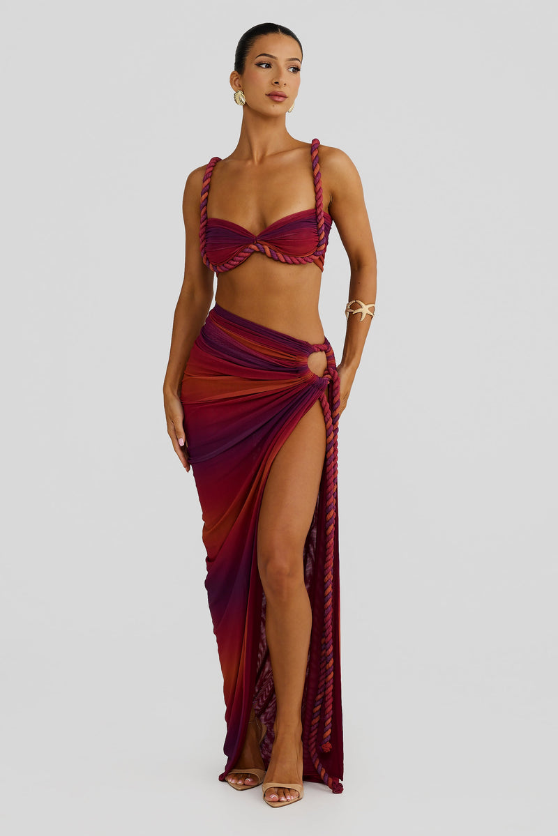 Marella Swimsuit Braided Suspender Top Slit Skirt Set In Wine Red