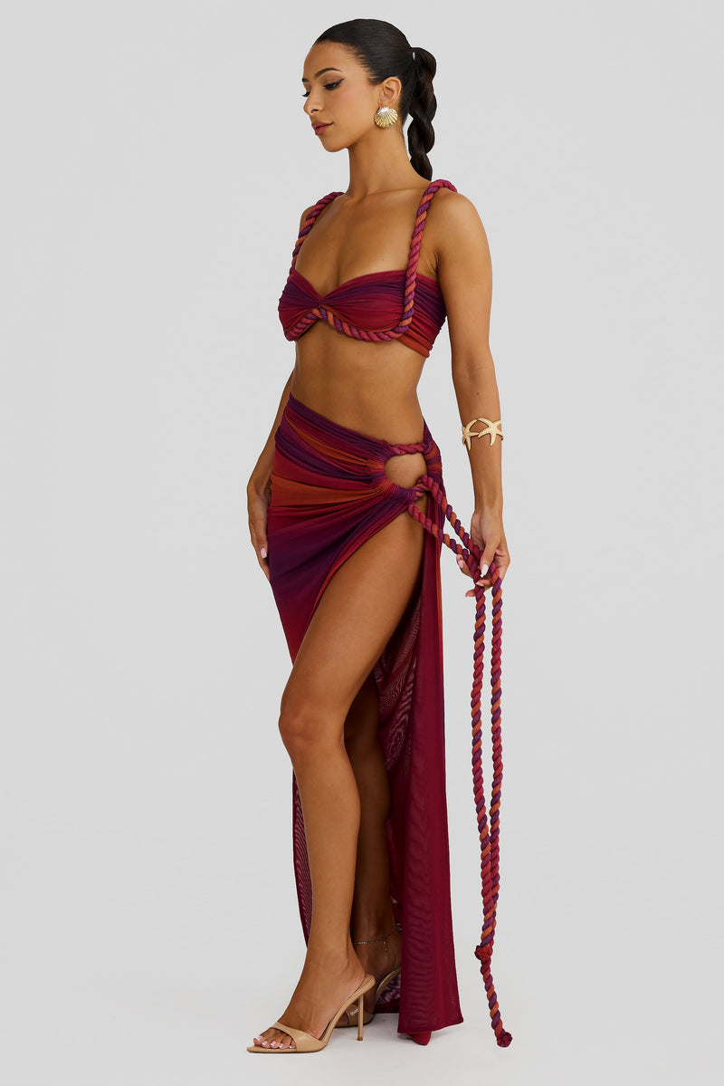 Marella Swimsuit Braided Suspender Top Slit Skirt Set In Wine Red